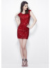 Tutu Sheer Neckline Coral Beaded Tulle Knee Length Prom Dress